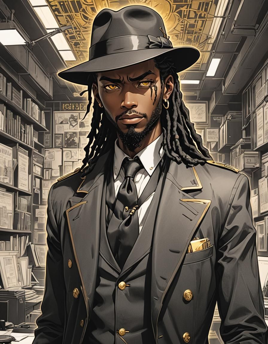 Badass Detective with Golden Eyes in Manga Style