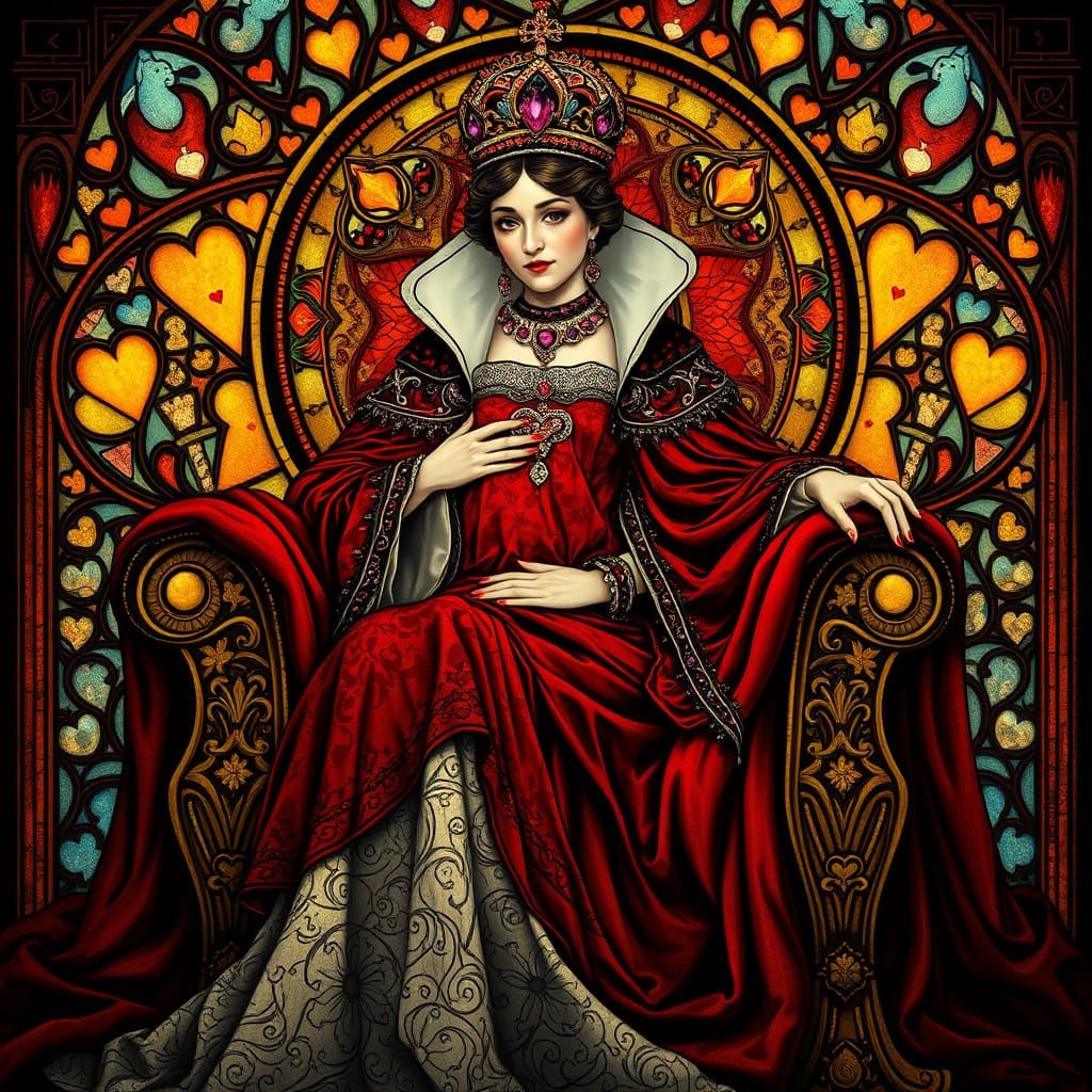 Art Nouveau Queen of Hearts in Vibrant Stained Glass