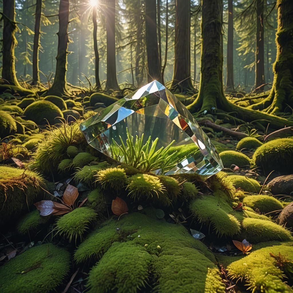 Sunlit Crystal Rainbow in Hyperrealistic Forest