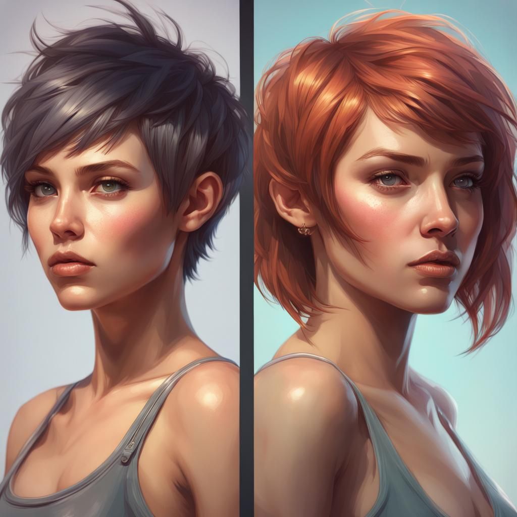 Twins Portrait with Pixie Haircuts in Detailed Splash Art