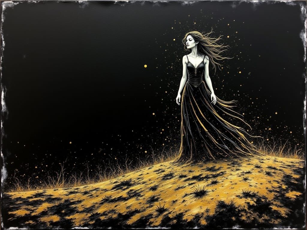 Sorrowful Woman Releases Burden on a Hilltop in Stylized Wat...