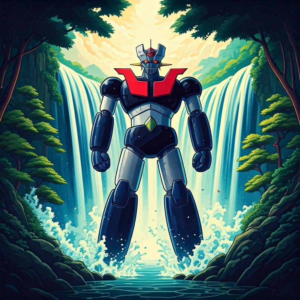 Mazinger Z Emerges from Waterfall in Ukiyo-e Style