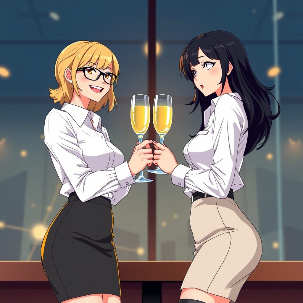 Elegant Women Toast in Chic Office Attire, Anime-Inspired