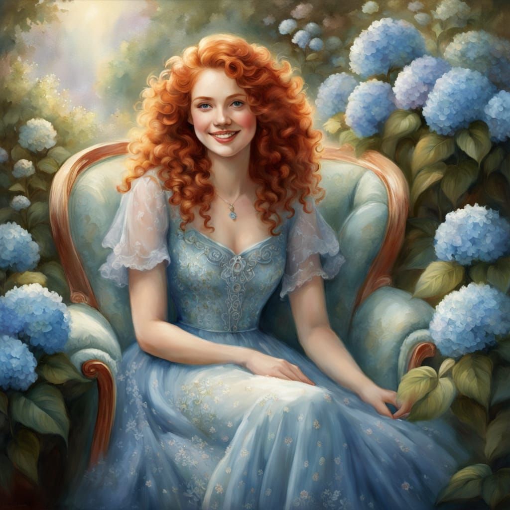 Woman in Hydrangea Garden: Ethereal Watercolor Portrait