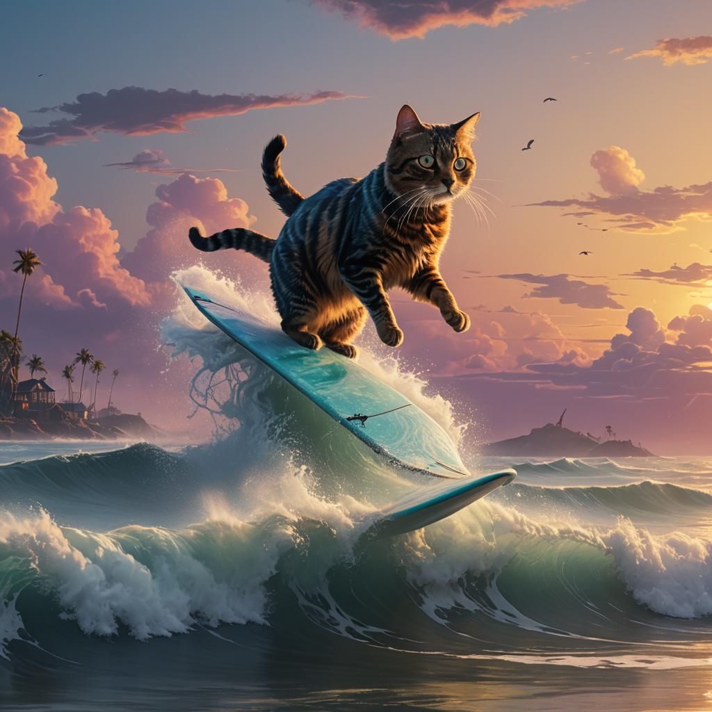 Surfing Cat Rides Sunset Wave in Fantasy Art