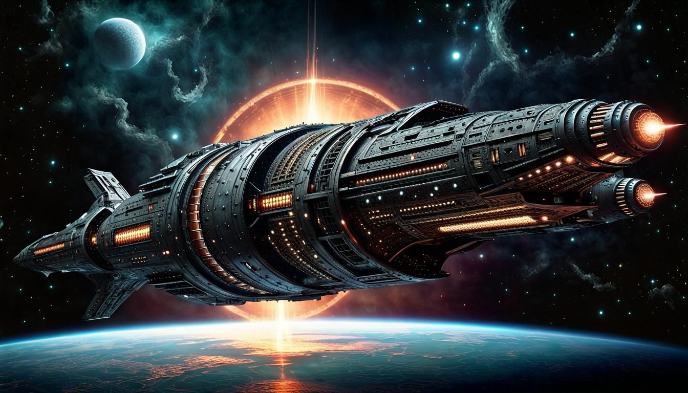 Sci-Fi Battleship Spaceship in Deep Space