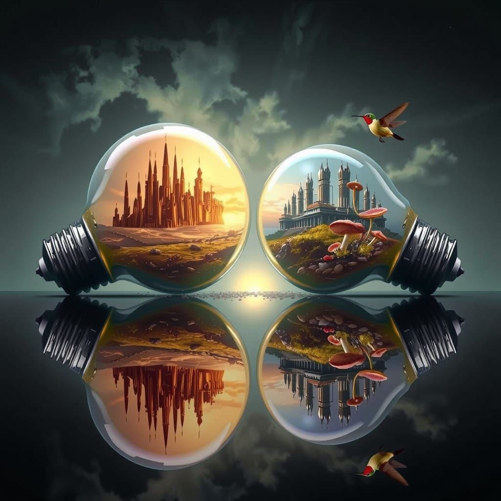 Surreal Light Bulbs Reflecting Immense and Tiny Worlds