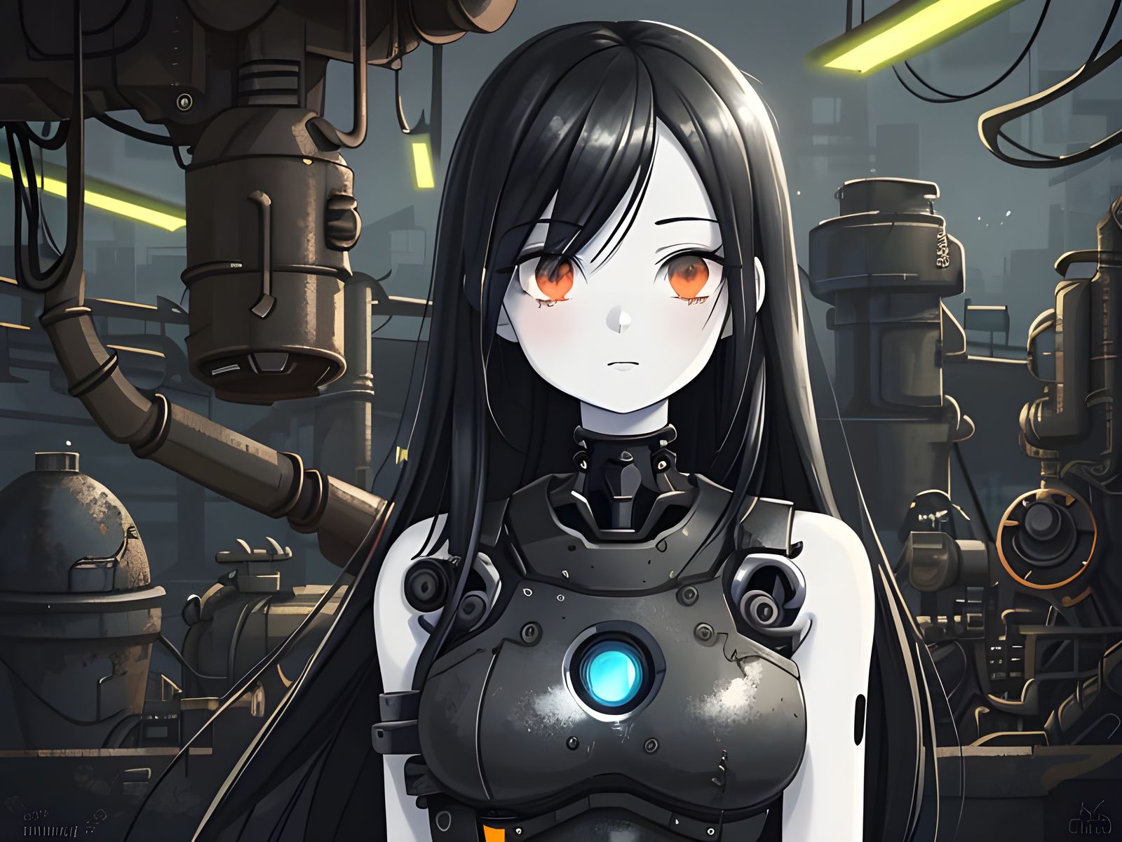 Surreal Pale Girl with Robot Limbs in Industrial Scene