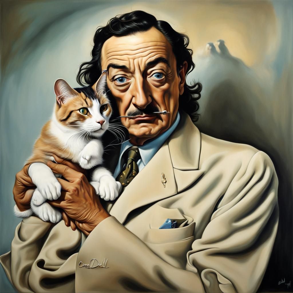 Surreal Portrait of Man with Cat in Oil