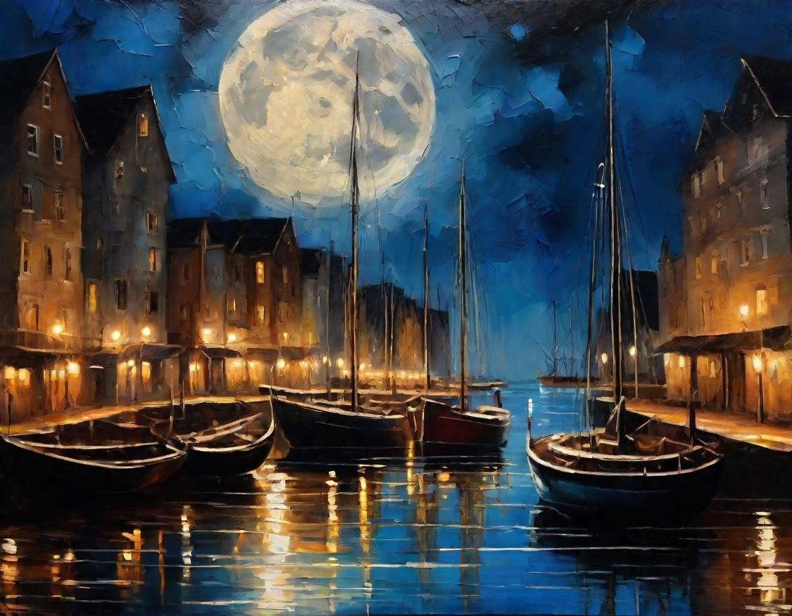 Night Harbor with Sailing Ships, Oil Painting