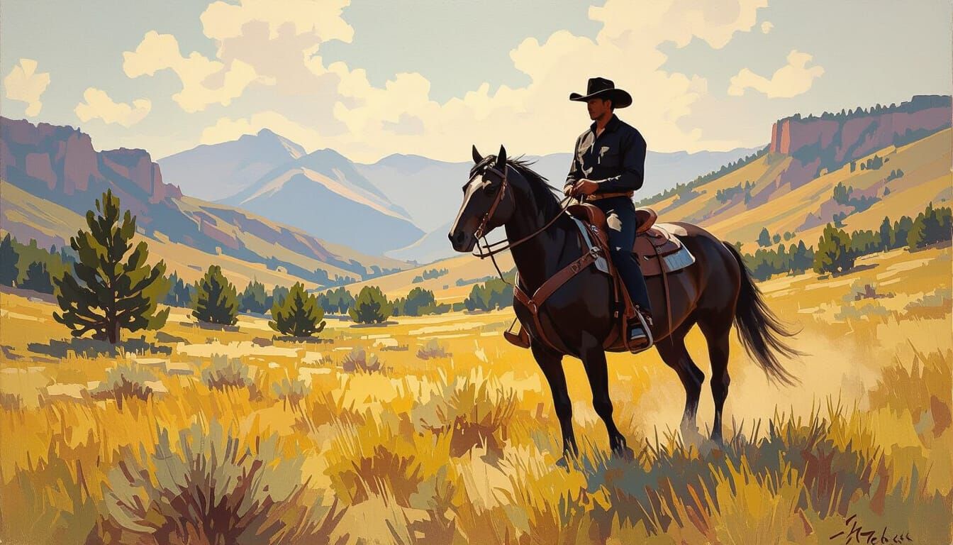 Black Cowboy Rides Through Meadow in Impressionist Style