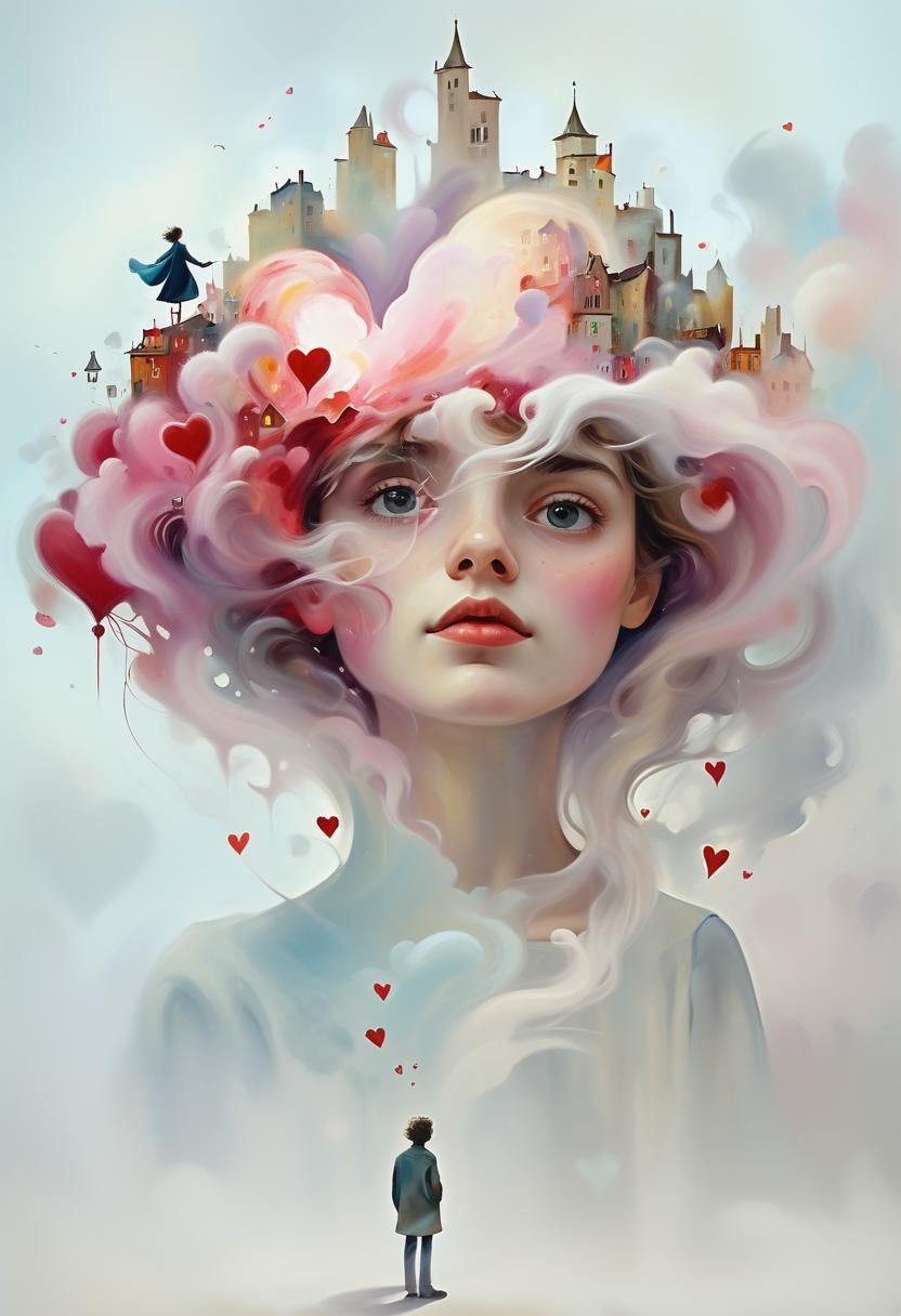 Dreamlike Cityscape with Floating Hearts in Surreal Style