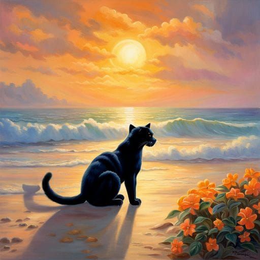 Black Panther and Kitten: Sunrise Beach Fantasy