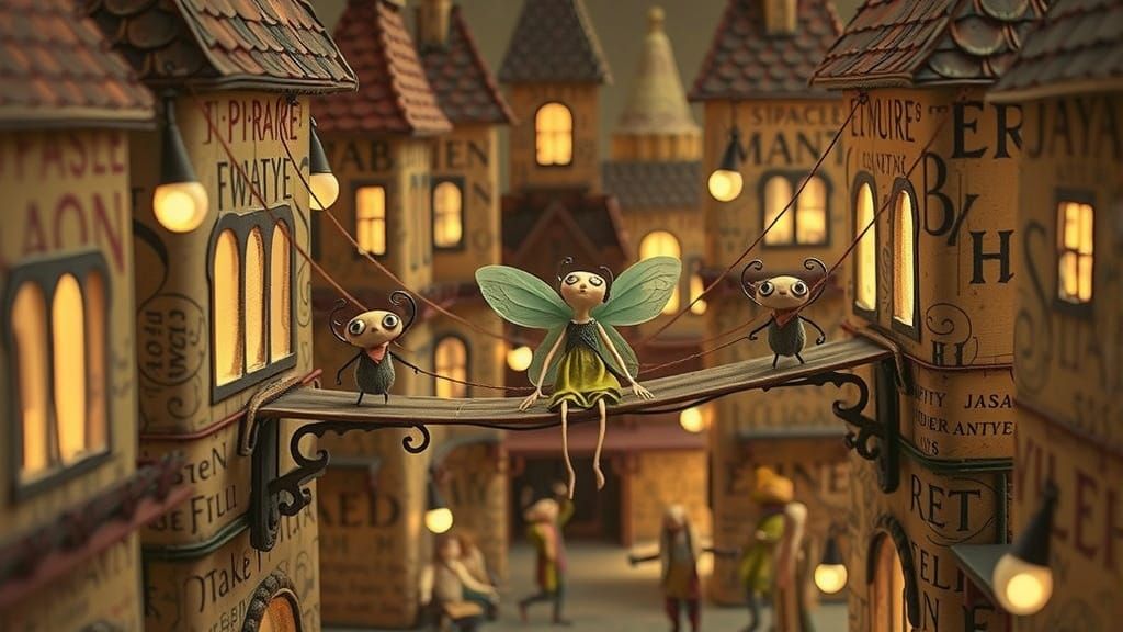 Eine detailreiche, skurrile Fantasy-Illustration, die eine magisch-surreale Abenddämmerungsszene in warmen Gold-, Bernst...