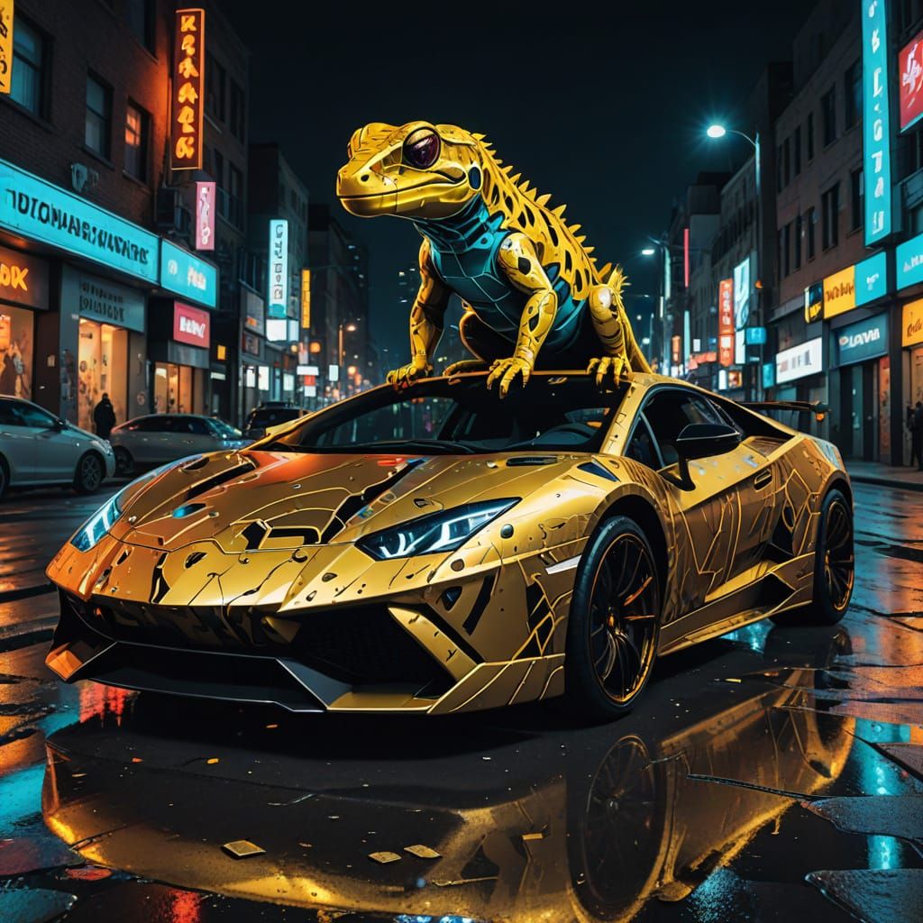 Gecko Rules the Neon City in Cyberpunk Street Art