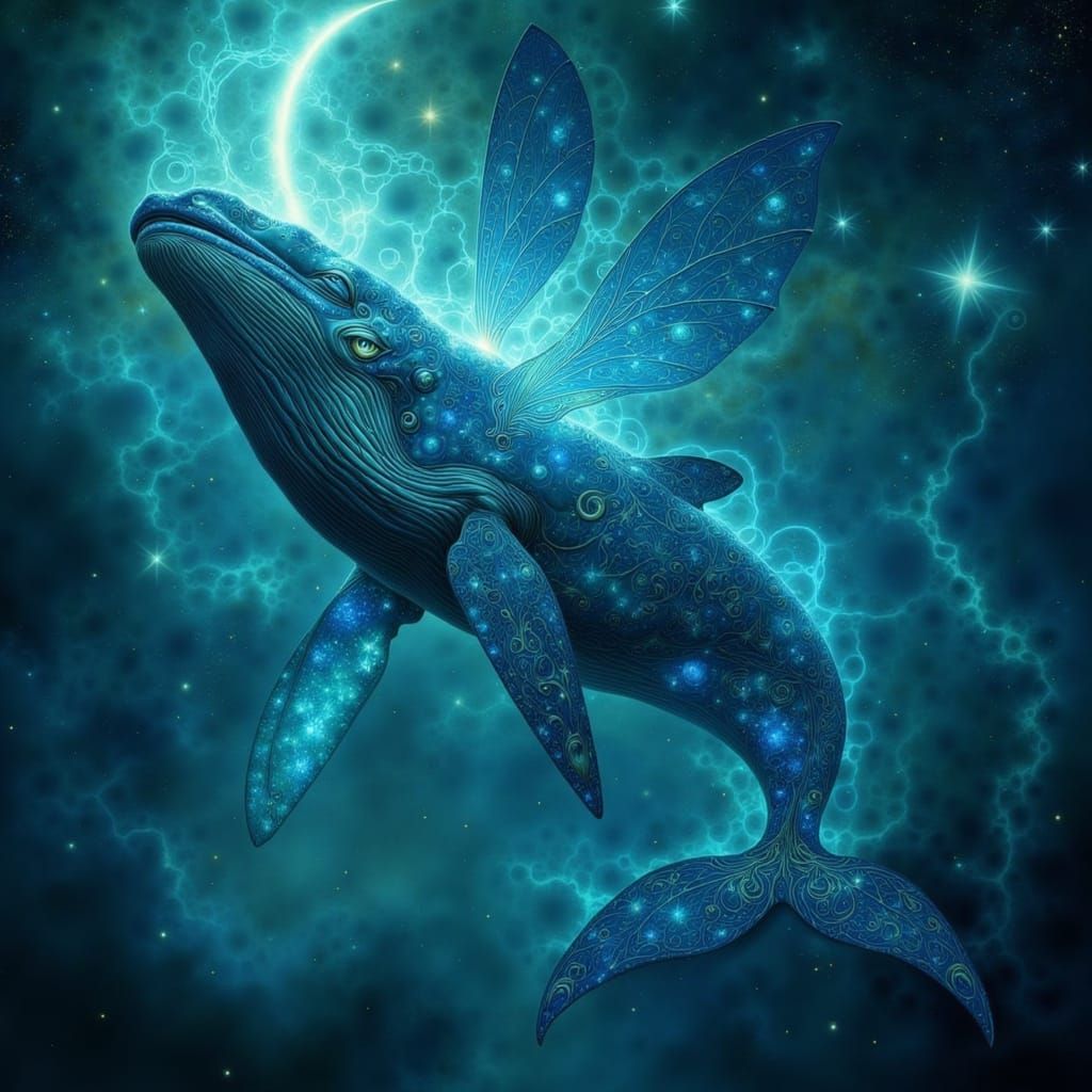 Whale Plays Constellation Harp in Starry Ocean