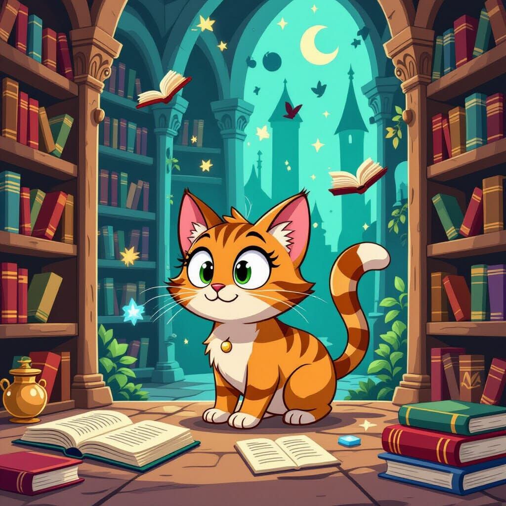 Cartoon Cat in a Magical Library, 2D Art
