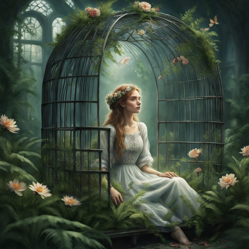 Ethereal Woman in Cage in Abandoned Garden