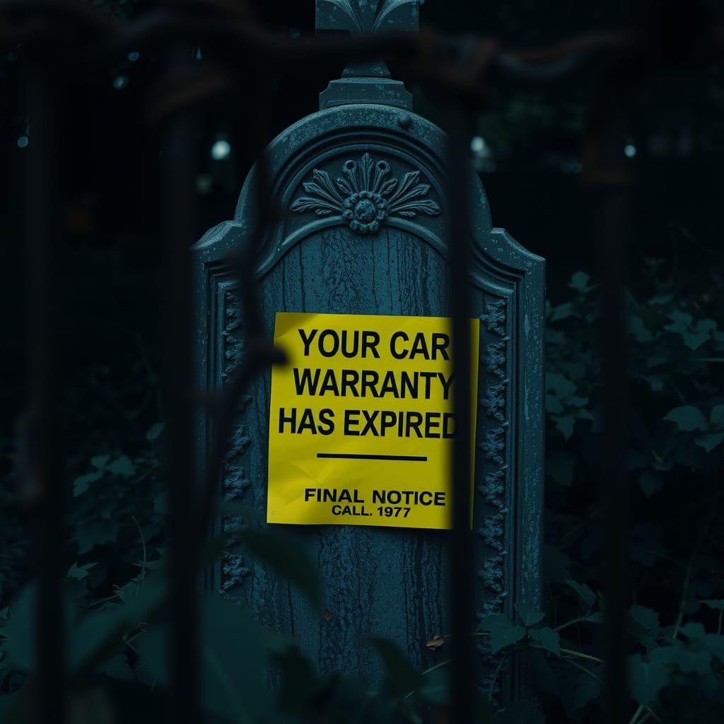 Humorous Cemetery Scene: Car Warranty and Mortality