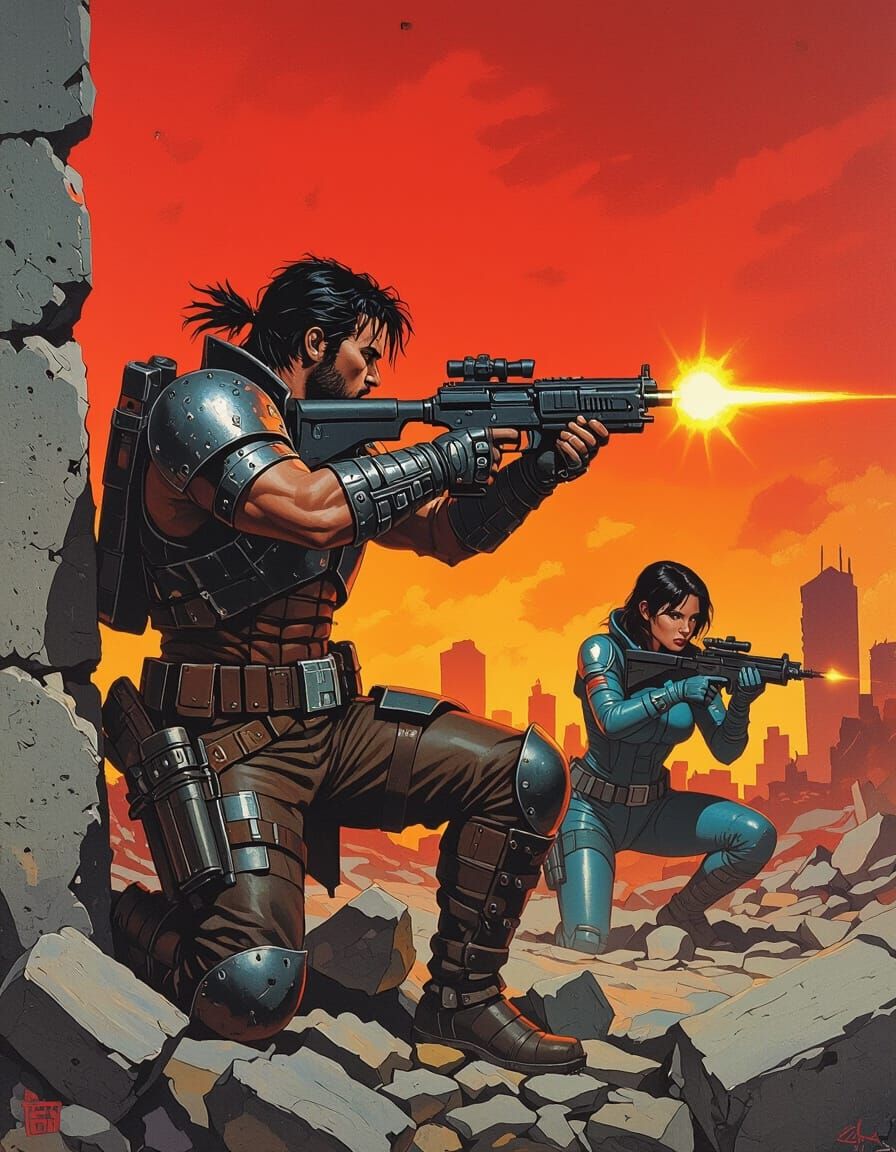 Wasteland Warriors in Post-Apocalyptic Landscape, Pulp Magaz...