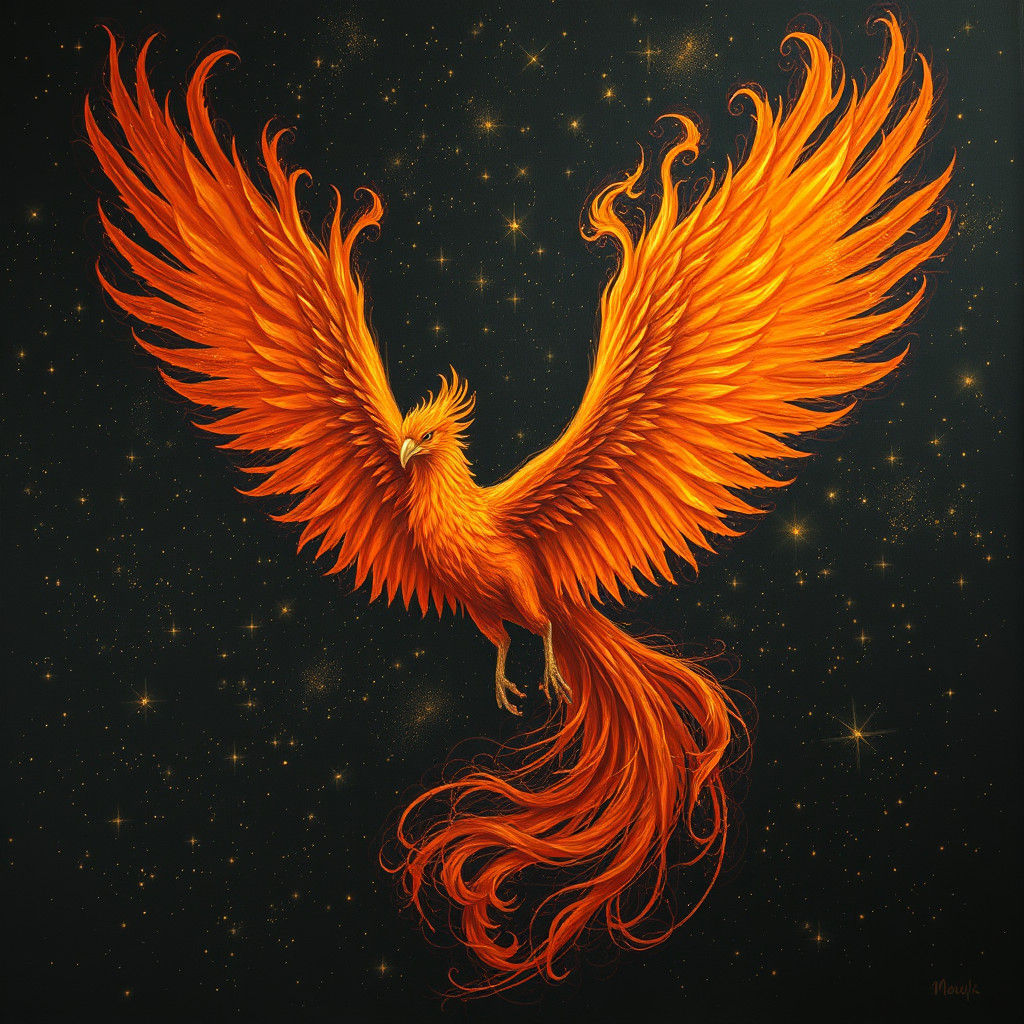 Fiery Phoenix Soaring in Starry Night Sky