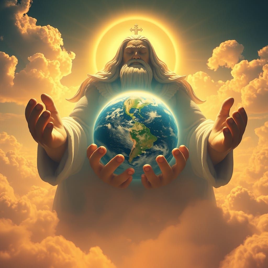 Surreal Divine Being Cradles Earth in Gentle Palms