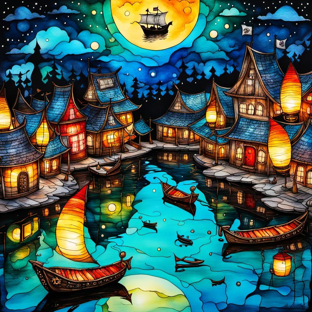 Pirate Ship Lantern on Village Pond: Alcohol Ink Art