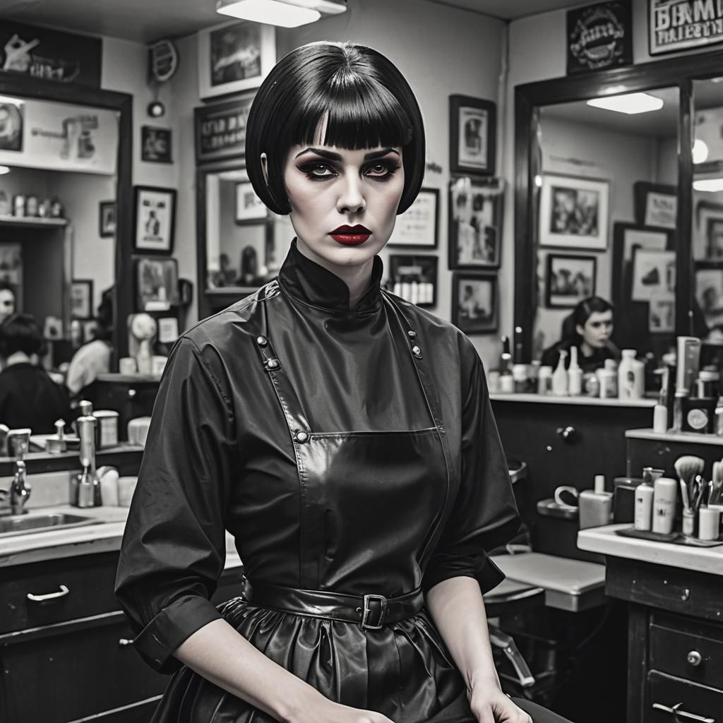 Gothic Barber Awaits Next Client in Hyperrealistic Style