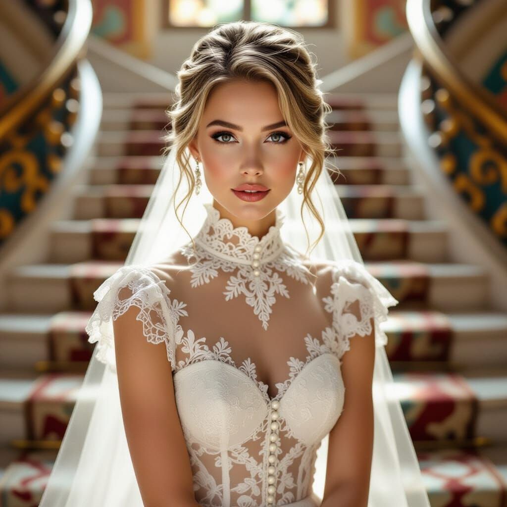 Elegant Bride with Lace Dress in Art Nouveau Style