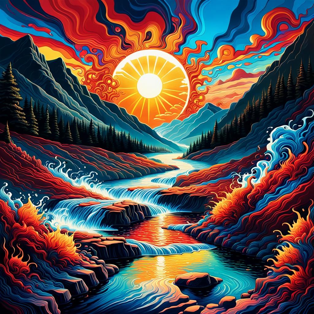 an abstract piece of artwork showing a sun rising behind edd...