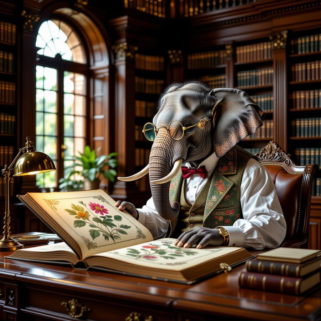 Anthropomorphic Elephant Scholar in Grand Library