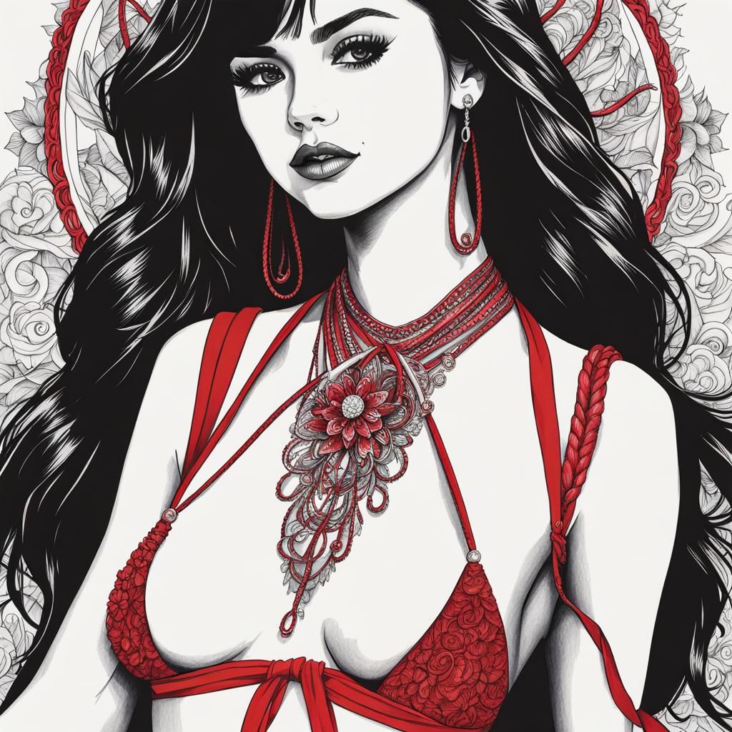 Selena Gomez in Red Bikini: Fairycore Ink Drawing