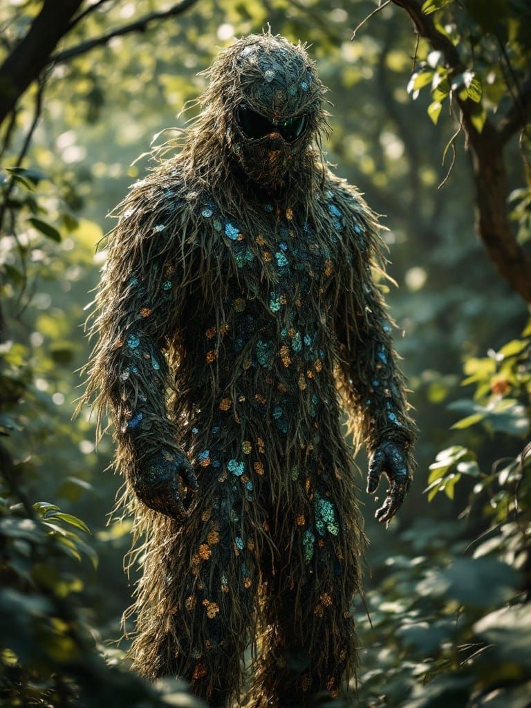 Sequin Ghillie Suit in Lush Environment