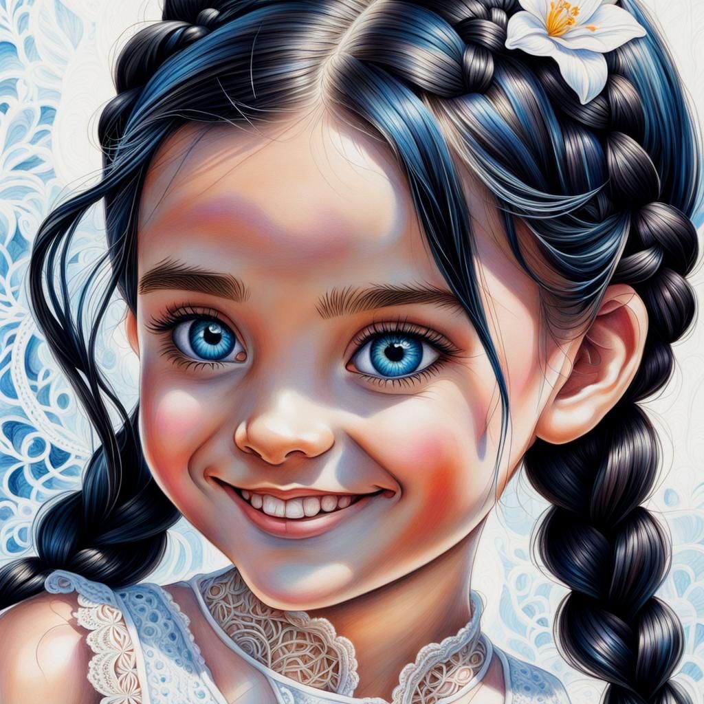 Little Girl with Intricate Braid: Colored Pencil Drawing