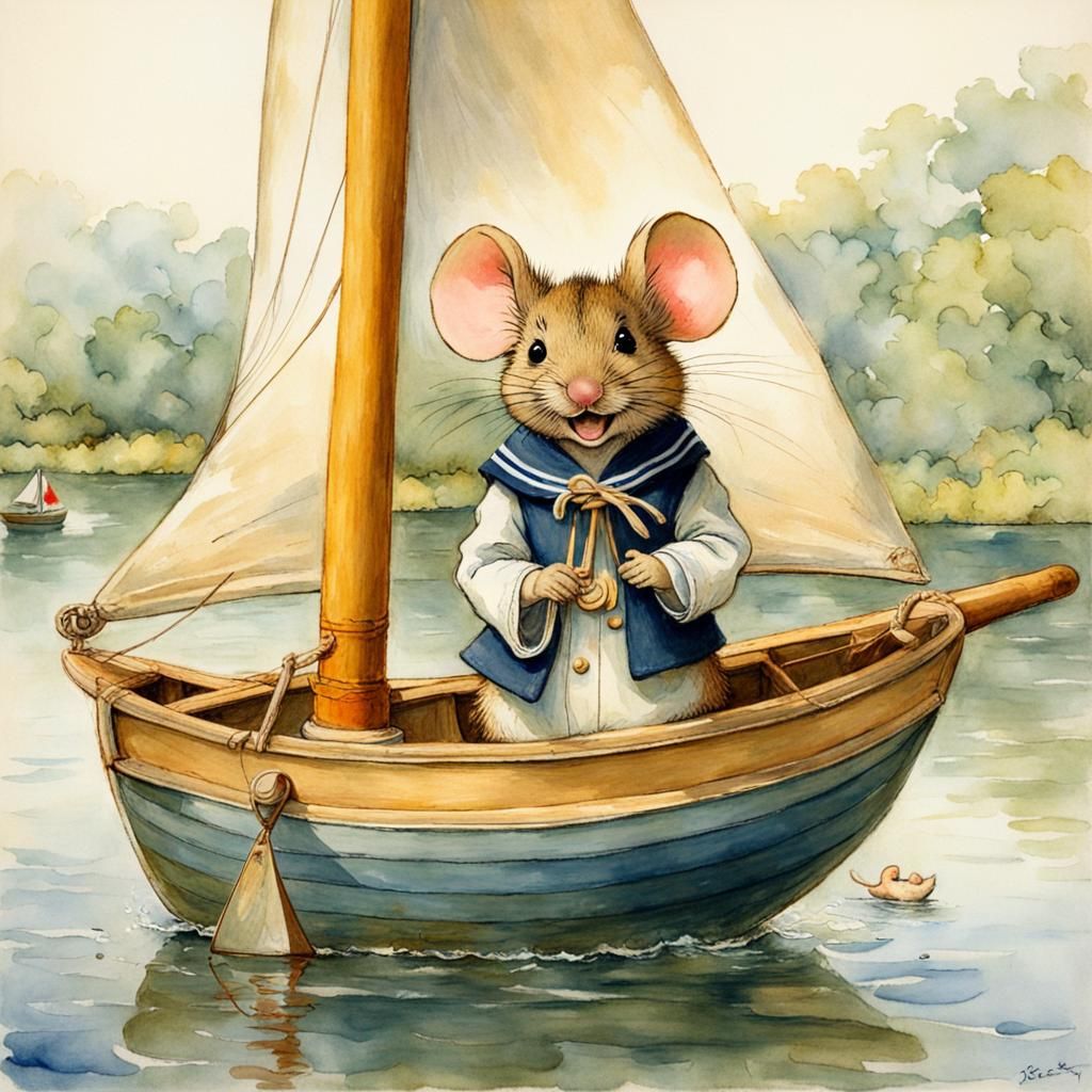 Happy Mouse in Sailboat, Children's Book Illustration