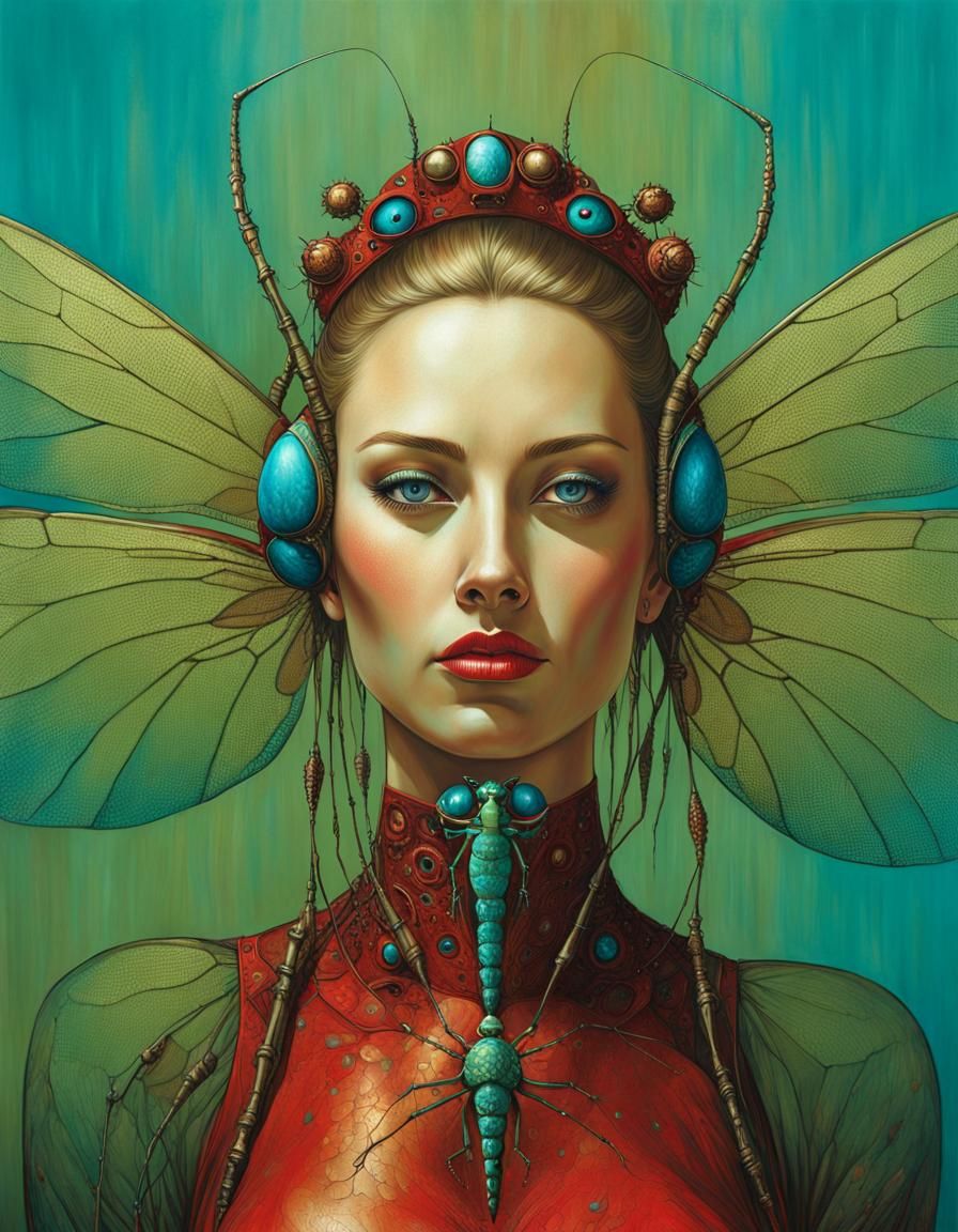 Dragonfly Woman Portrait in Surreal Biomechanical Style