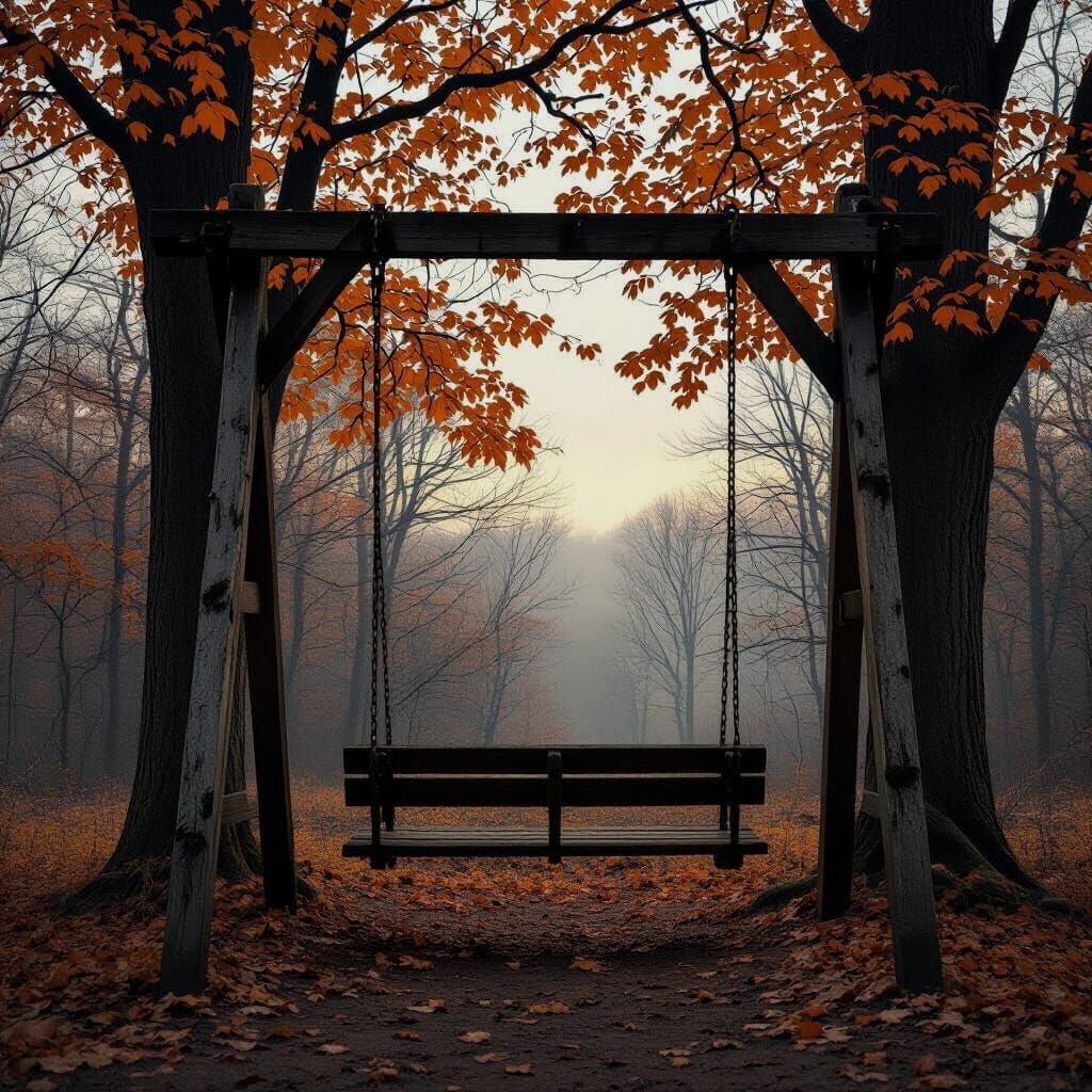 Gloomy Forest Scene With Empty Wooden Swing