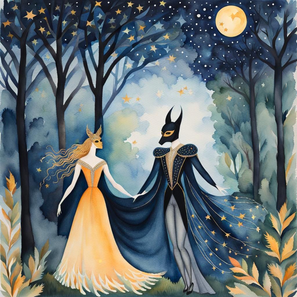 Masked Figures Dance in Naive Symbolist Ritual