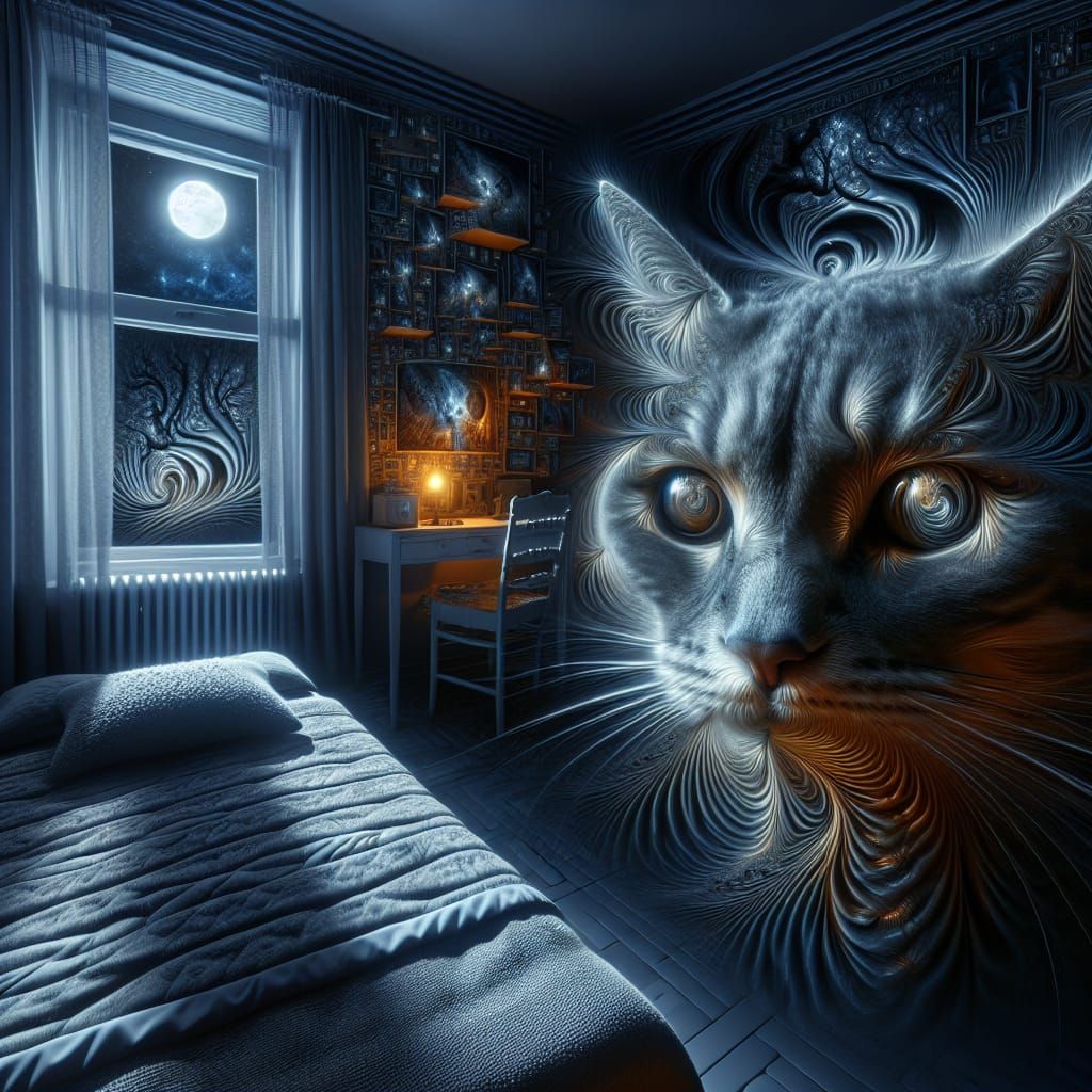 Enigmatic Cat Visits: Uncanny Gaze in Surreal Room