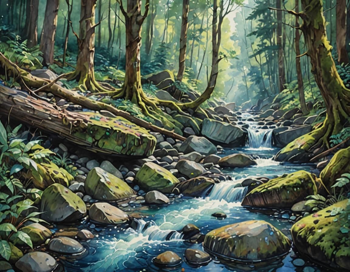 Jewel Blue Stream in Forest, Watercolor Painting