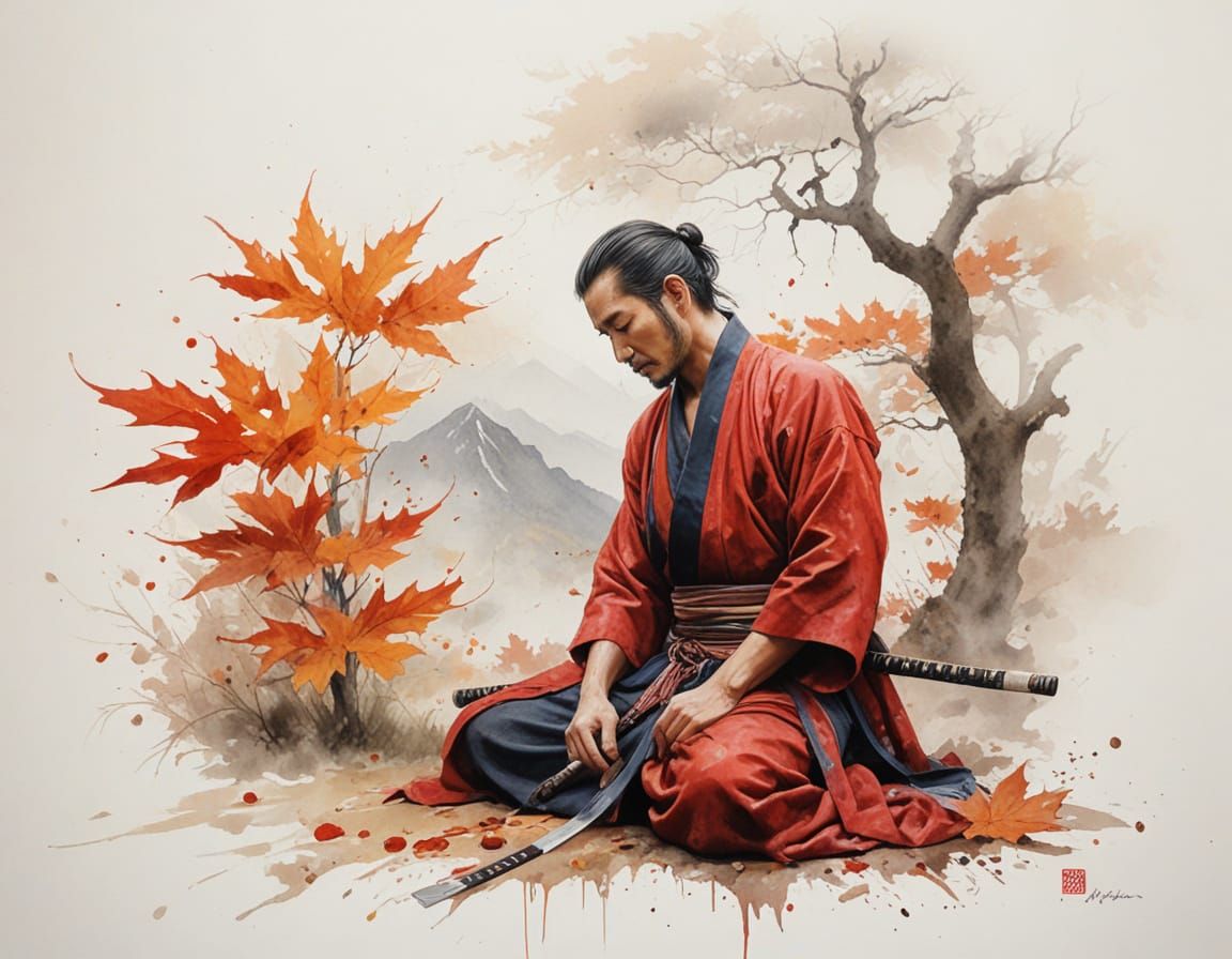 Samurai Beneath Autumn Maples in Misty Mountains