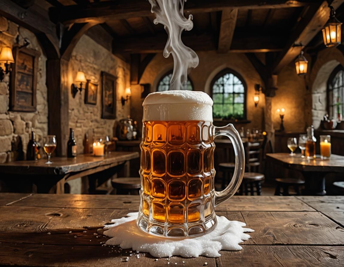Overflowing Beer Mug in Medieval Tavern
