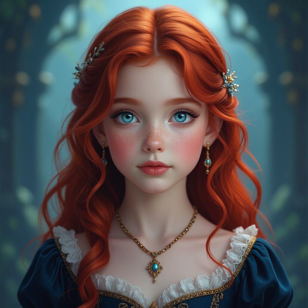 Mystical Portrait of Girl with Ruby Hair, Hyperrealism