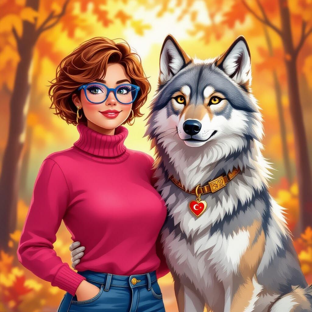 Woman and Wolf Sculpture in Watercolor Style