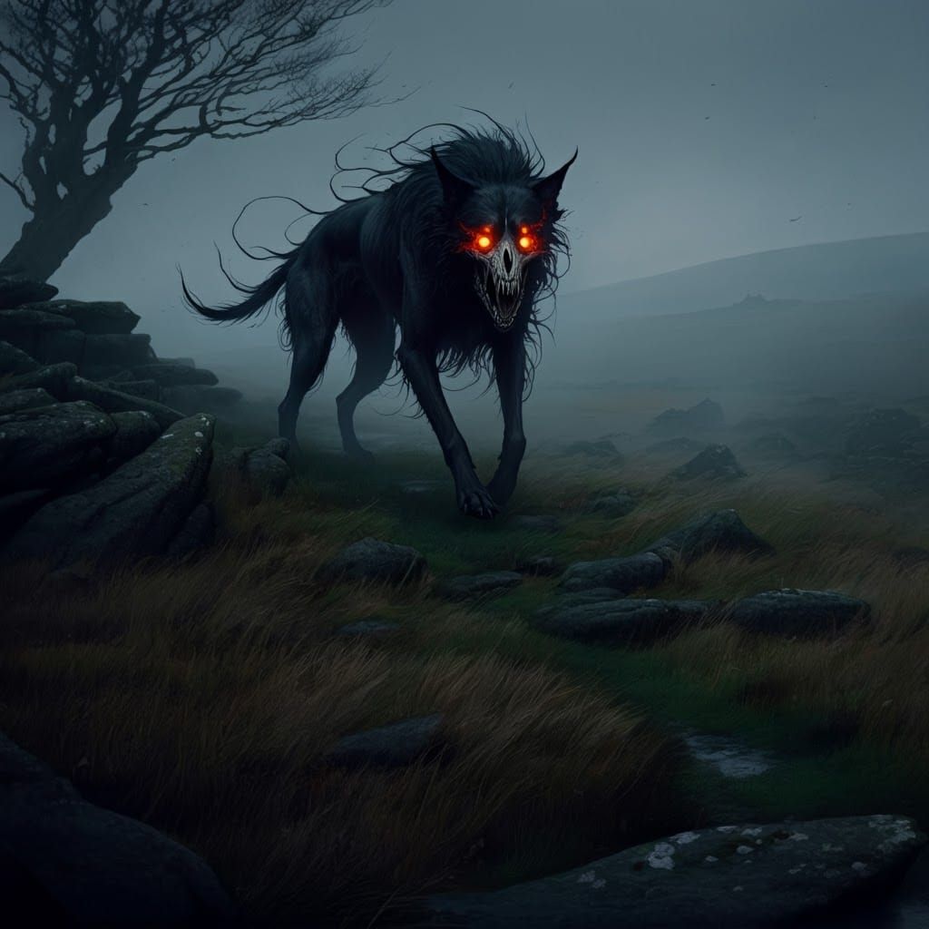 Hound Rampaging Across Misty Moor at Night