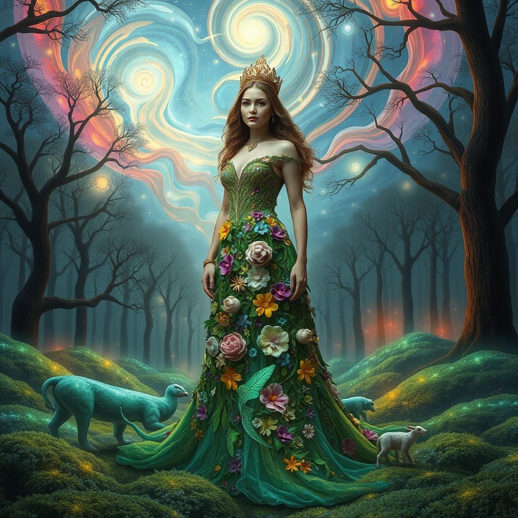 Woman in Floral Gown in Surreal Bioluminescent Forest