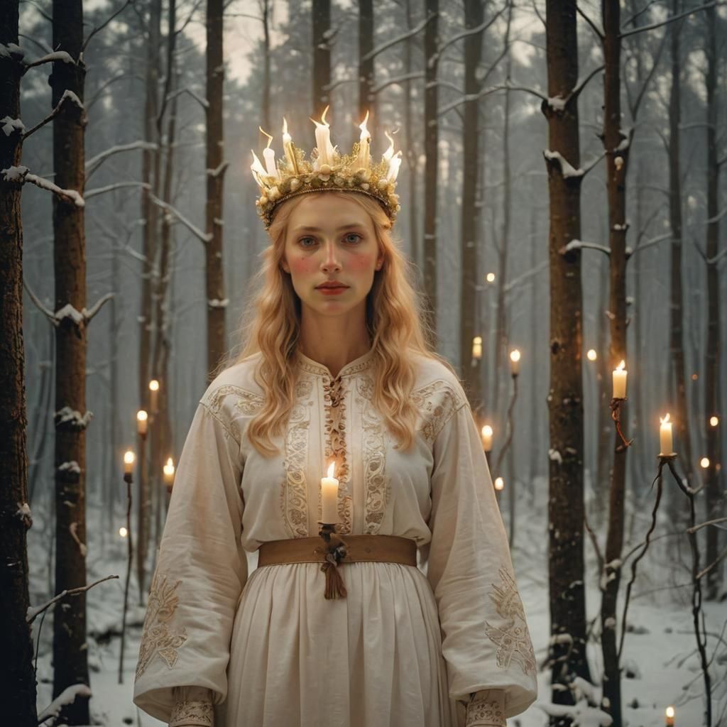 Swedish Lucia in Mysterious Dark Forest