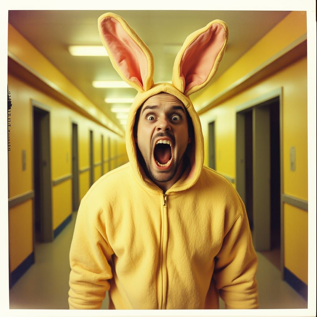 Man in Terror Rabbit Onesie Lost in 1980s Polaroid Labyrinth