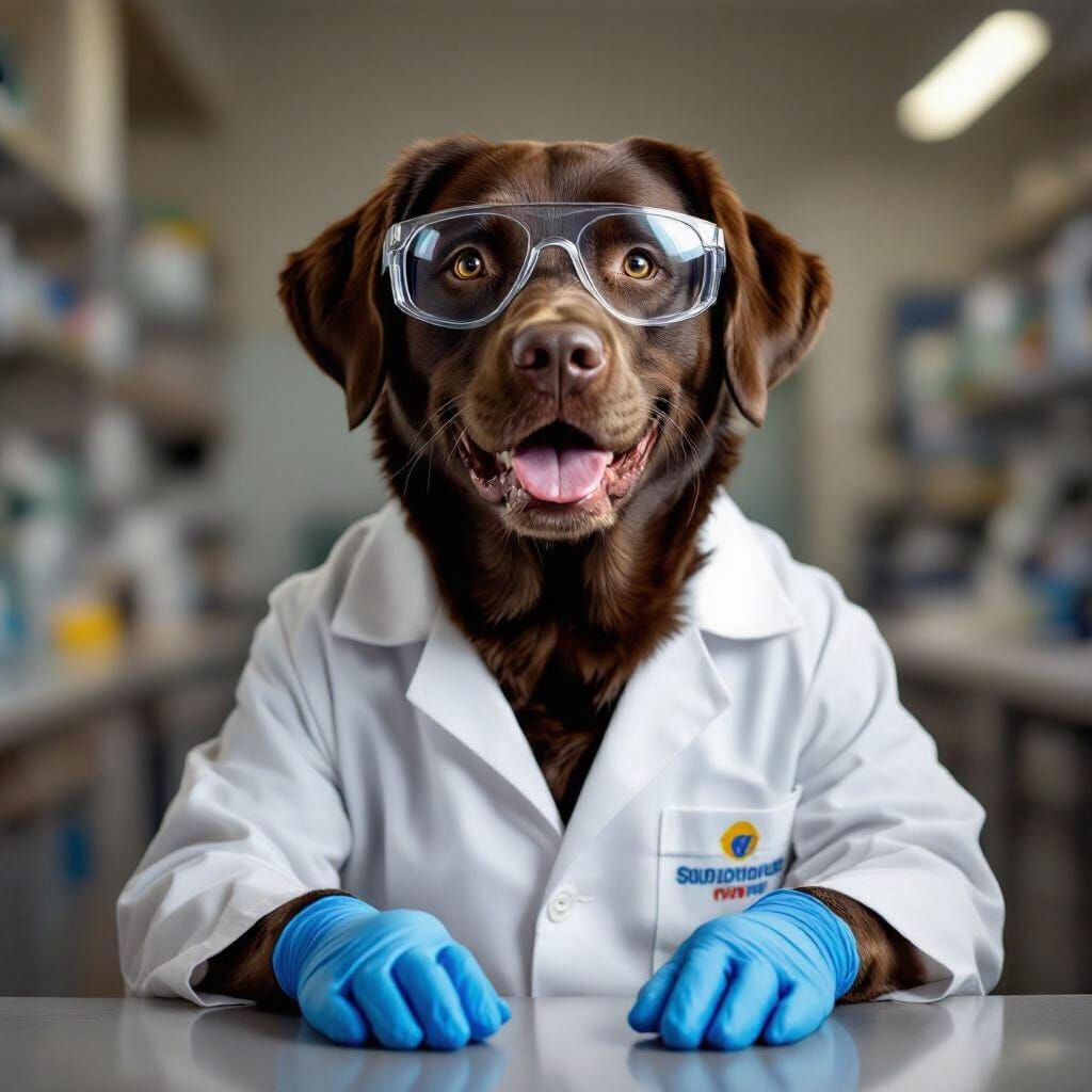 Labrador Dog in Safety Gear in Bright Laboratory