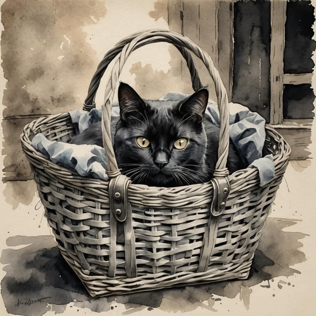 Black Cat in Wicker Bag: Grayscale Watercolor